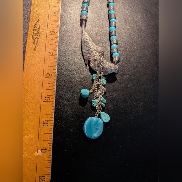 Silver Feather Pendant Necklace with Turquoise Beads - Picture 4 of 4